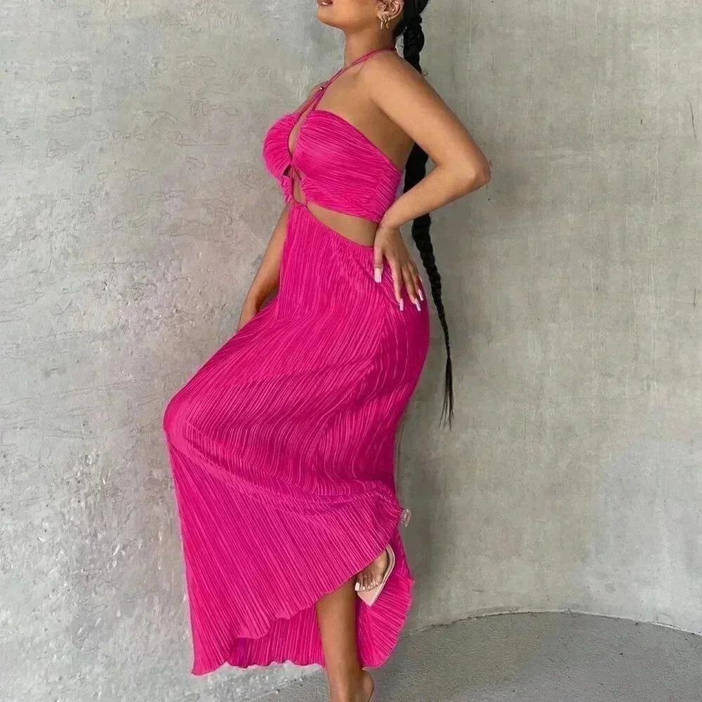 Hot Pink Sexy Women's Crisscross Tie Backless Halter Swing Dress - Picture 5 of 7